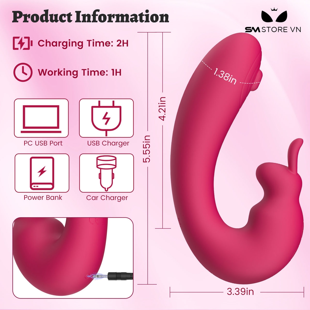 SMT2477 - Máy rung 2 đầu tai thỏ silicon có 9 chế độ sạc điện dài 14cm