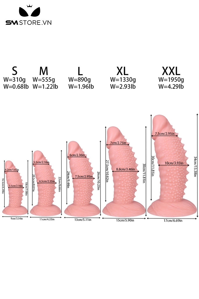 SMT2873 - Dương vật giả khủng lồ silicon có gai nổi có 5 size