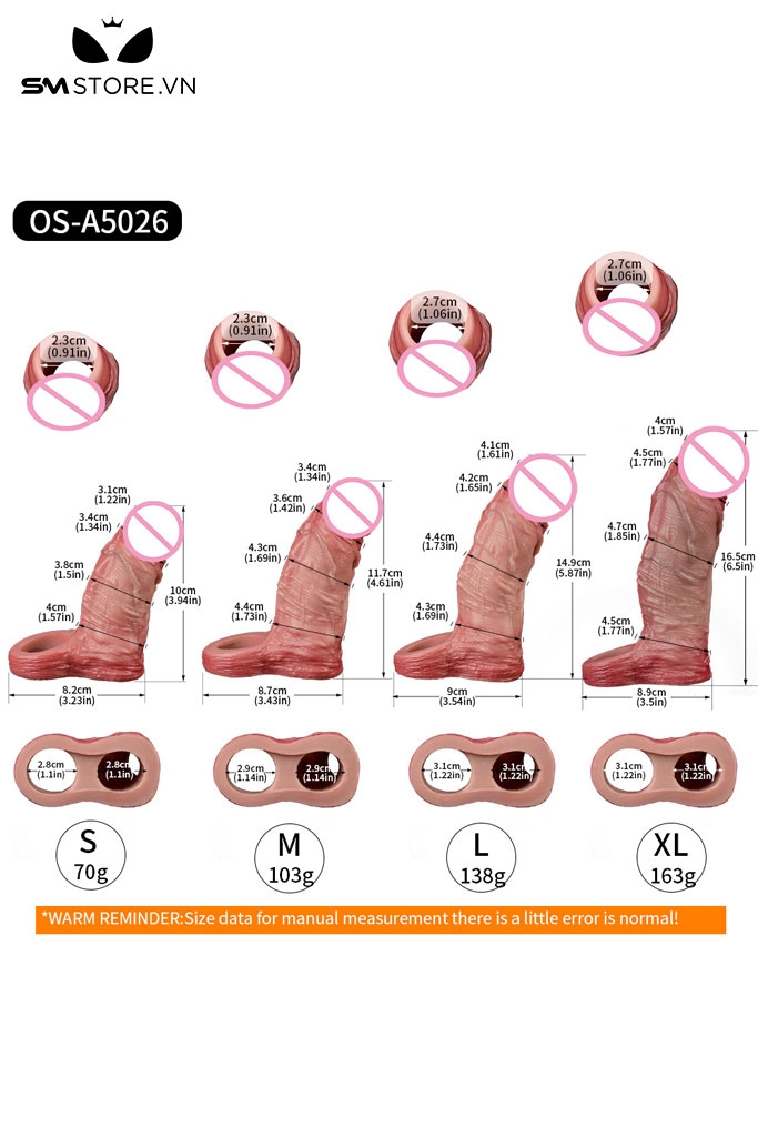 SMT2756 - Dương vật giả rỗng ruột silicon có 4 kích cỡ và gân nổi