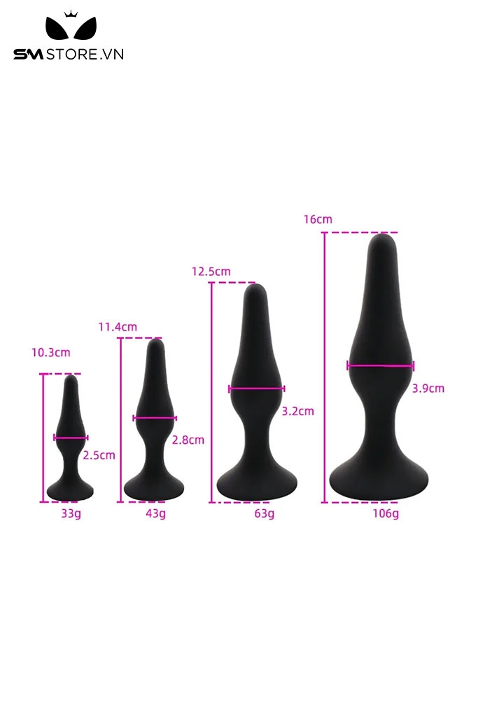 SMT1263 - Phích cắm hậu môn bằng silicon mềm mại màu đen có 3 size