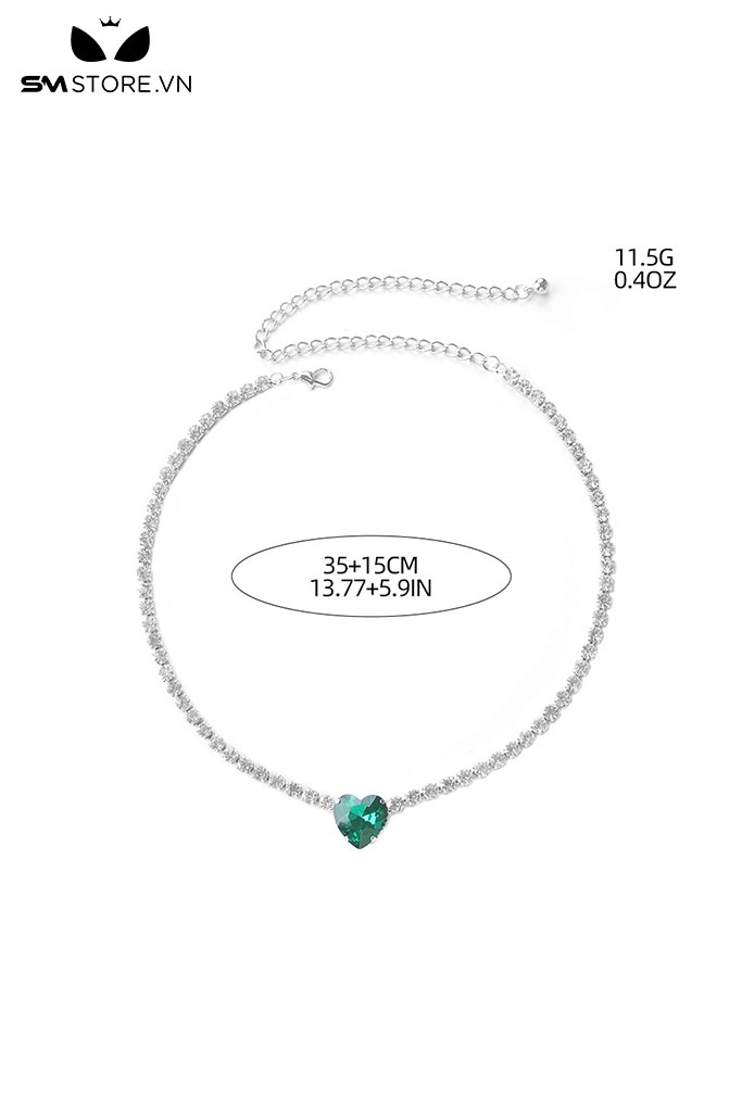SMP121 - Vòng choker với dây chuyền đá Ngọc Lục Bảo hình trái tim
