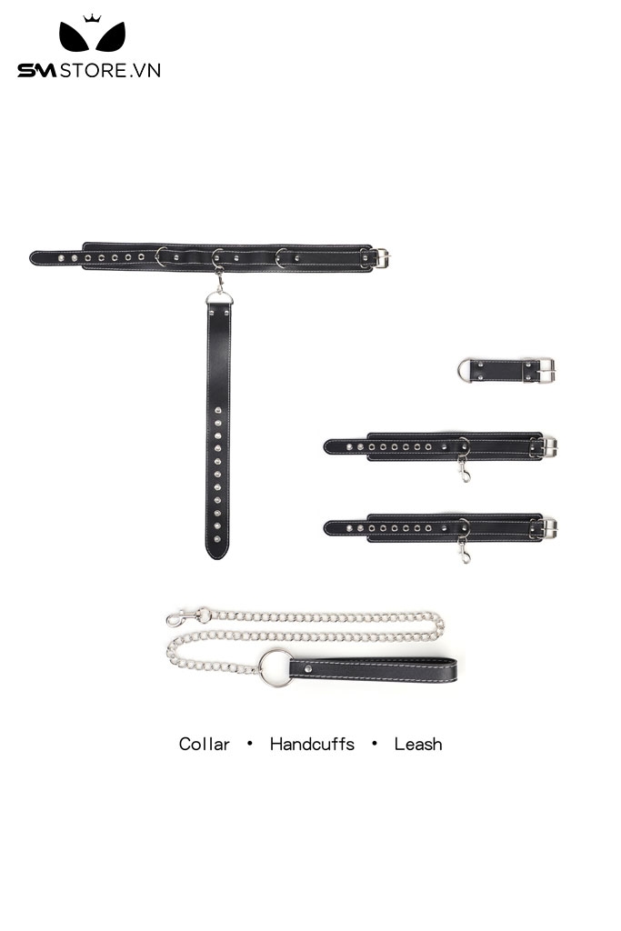 SMT2372 - Set đồ cố định tư thế SM có xích cổ kèm còng tay chất liệu da PU