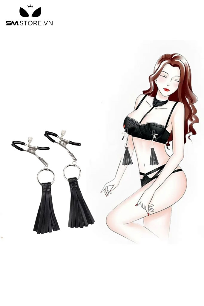 SMT036 - kẹp núm vú gắn chuông tua rua màu đen - đồ chơi SM