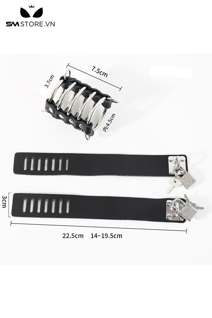 SMT2458 - Khóa dương vật giả da PU đính đinh tán dài 7.5cm kèm 2 vòng