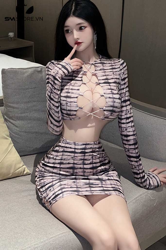 SMS629 - Combo đồ ngủ thư ký ôm body với áo croptop và chân váy ngắn
