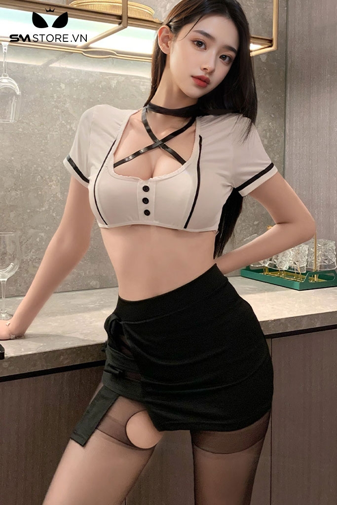 SMS679 - Set đồ ngủ thư ký croptop ngắn tay mix chân váy ngắn
