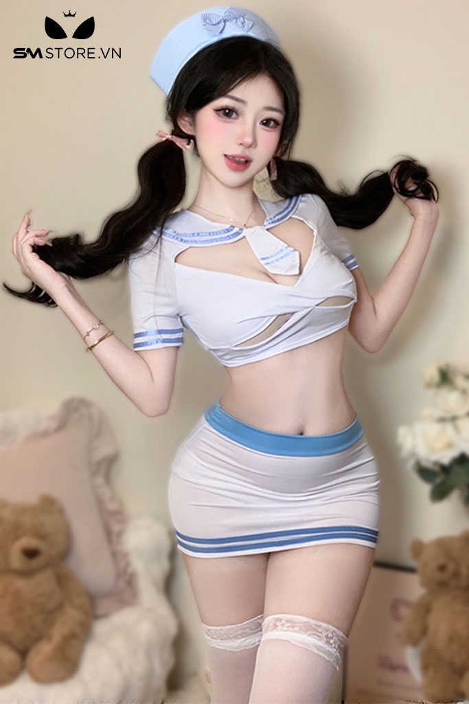 SMS651 - Cosplay tiếp viên ôm dáng với croptop ngắn tay và váy