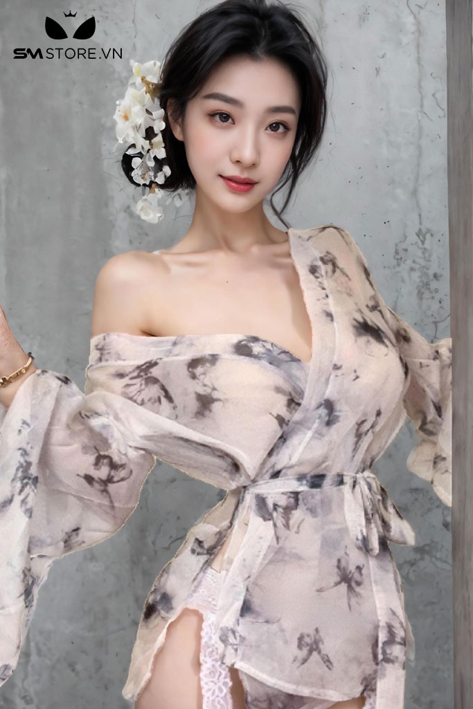 SMS694 - Áo choàng ngủ kimono hình bướm mix quần lót gợi cảm
