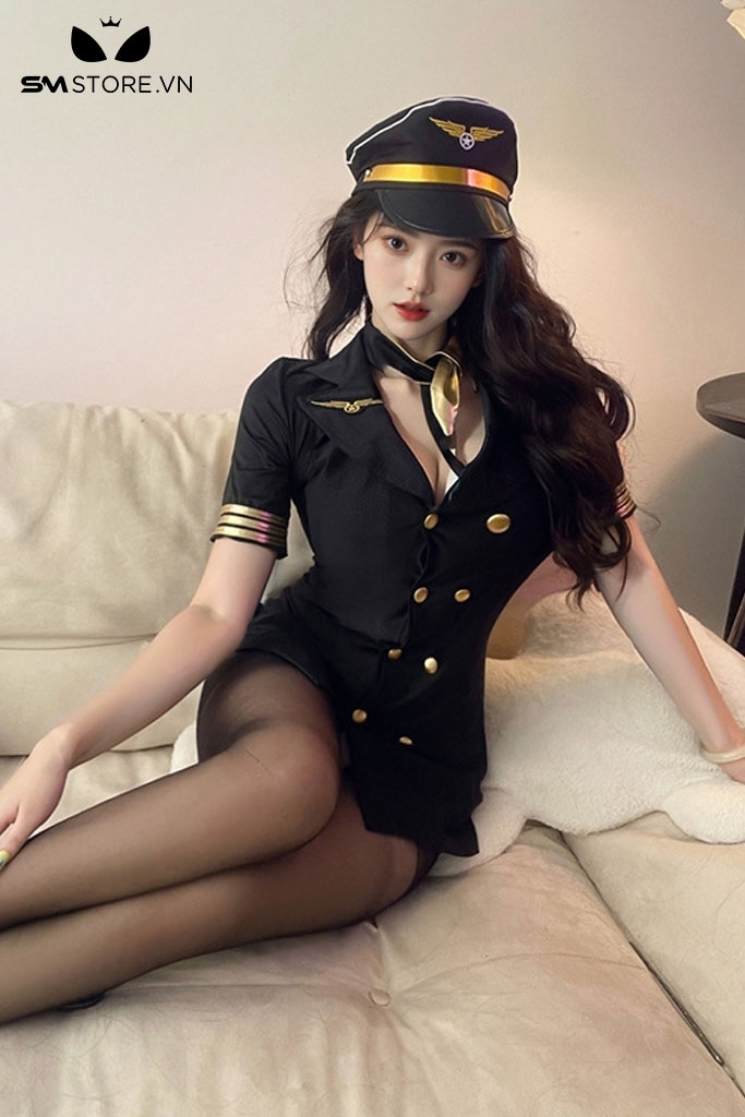 SMS551 - Đồ ngủ cosplay tiếp viên với váy cổ chữ V siêu ngắn