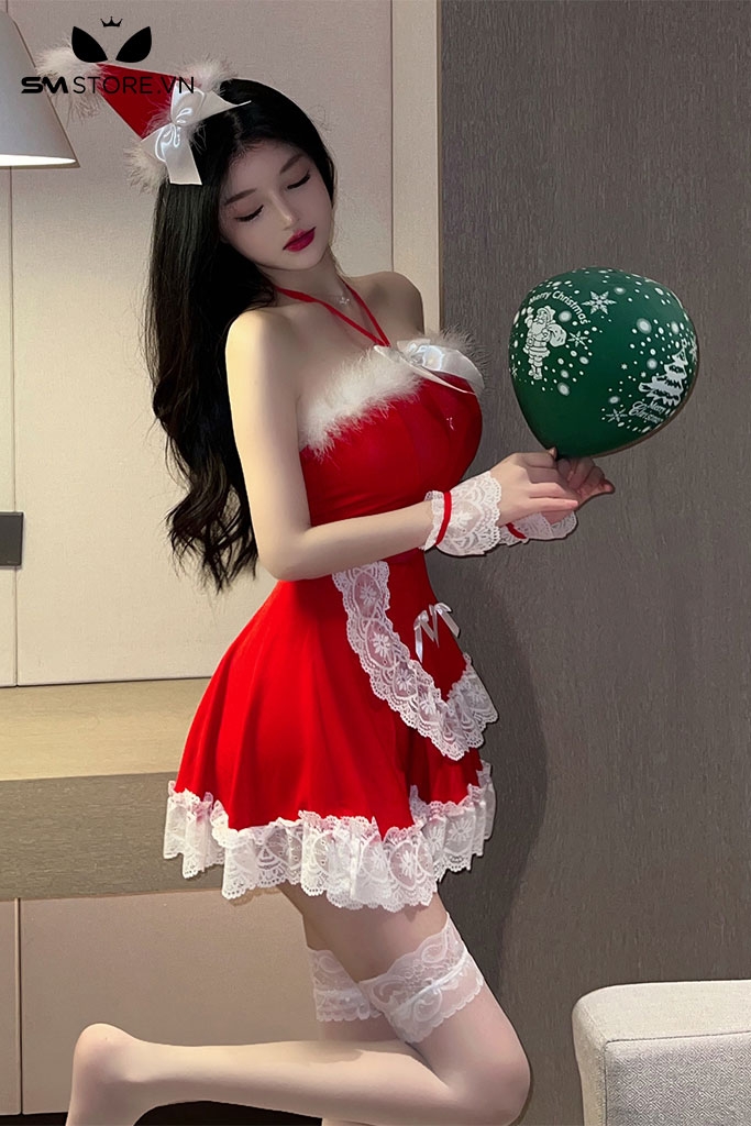 SMS488 - Cosplay bà già noel với thiết kế cúp ngực đính nơ