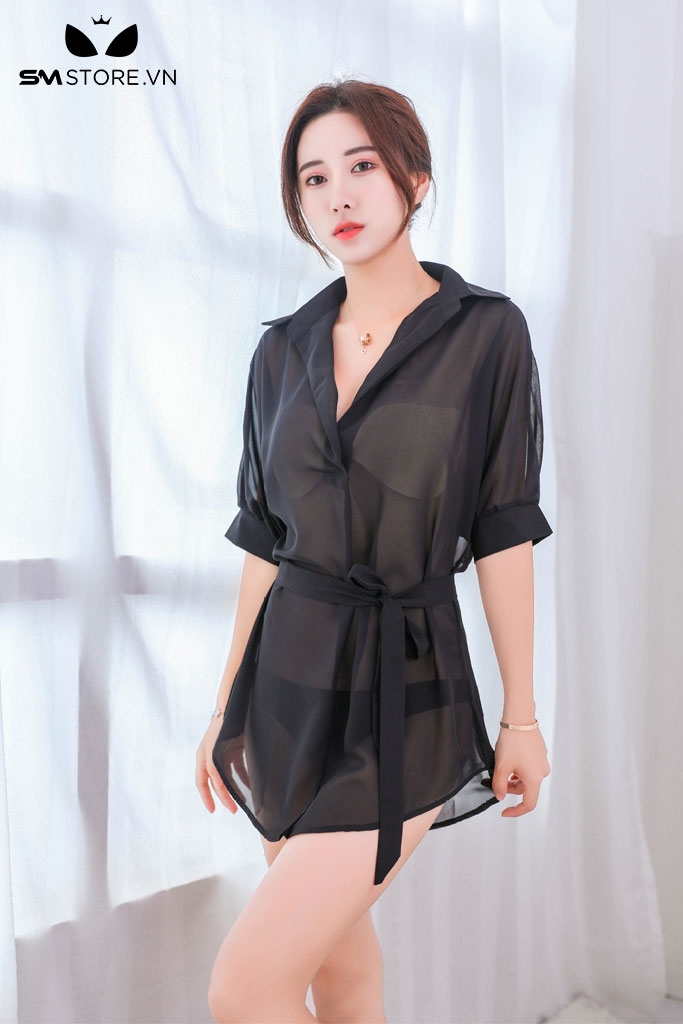 SMS762 - Áo sơ mi ngủ trong suốt có cổ chữ V và dây buộc quyễn rũ