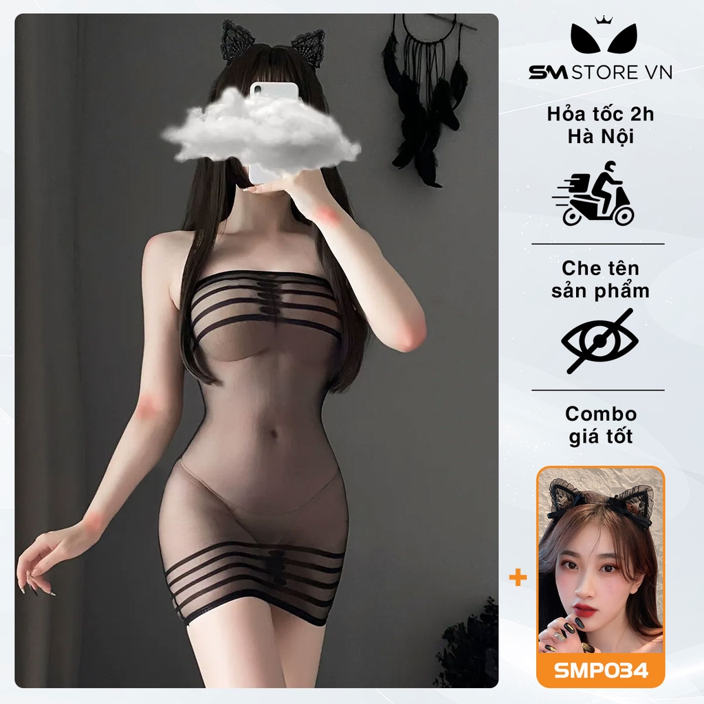 SMS178 - váy ngủ trong suốt siêu ngắn ôm body cúp ngực kẻ ngang