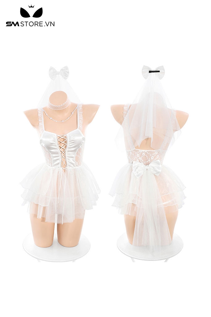 SMS554 - Váy ngủ cực ngắn cosplay cô dâu đính nơ phía sau có voan