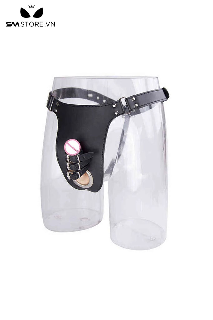 SMT1101 - Dây đai đen đeo dương vật và khóa trinh tiết bằng da PU