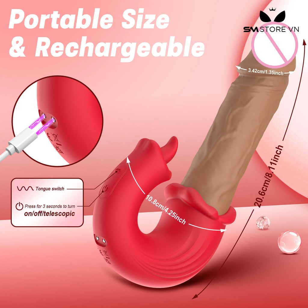 SMT2178 - Dương vật giả 2 đầu rung thịt có lưỡi liếm dài 20.6cm