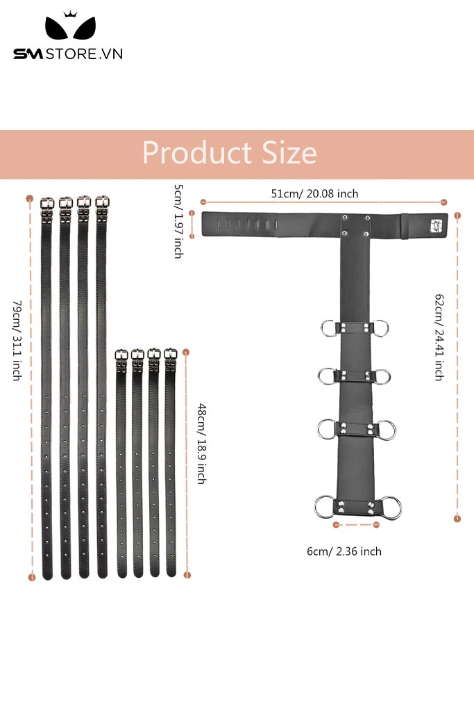 SMT1956 - Đai trói tay chân giả da PU có 4 còng có ổ khóa dài 57cm