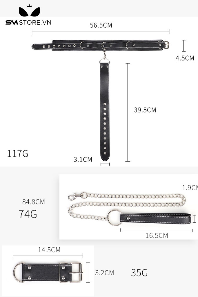 SMT2372 - Set đồ cố định tư thế SM có xích cổ kèm còng tay chất liệu da PU