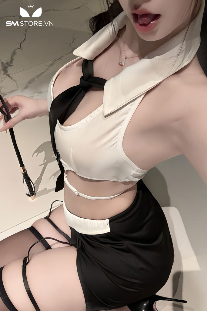 SMS680 - Cosplay cô giáo croptop có cổ kèm váy xẻ tà ôm body gợi cảm