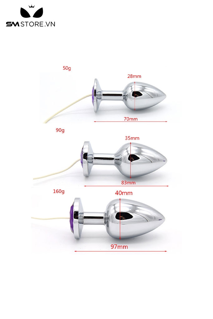 SMT907 - Butt plug kim loại kích điện với chuôi tím tròn với 3 size