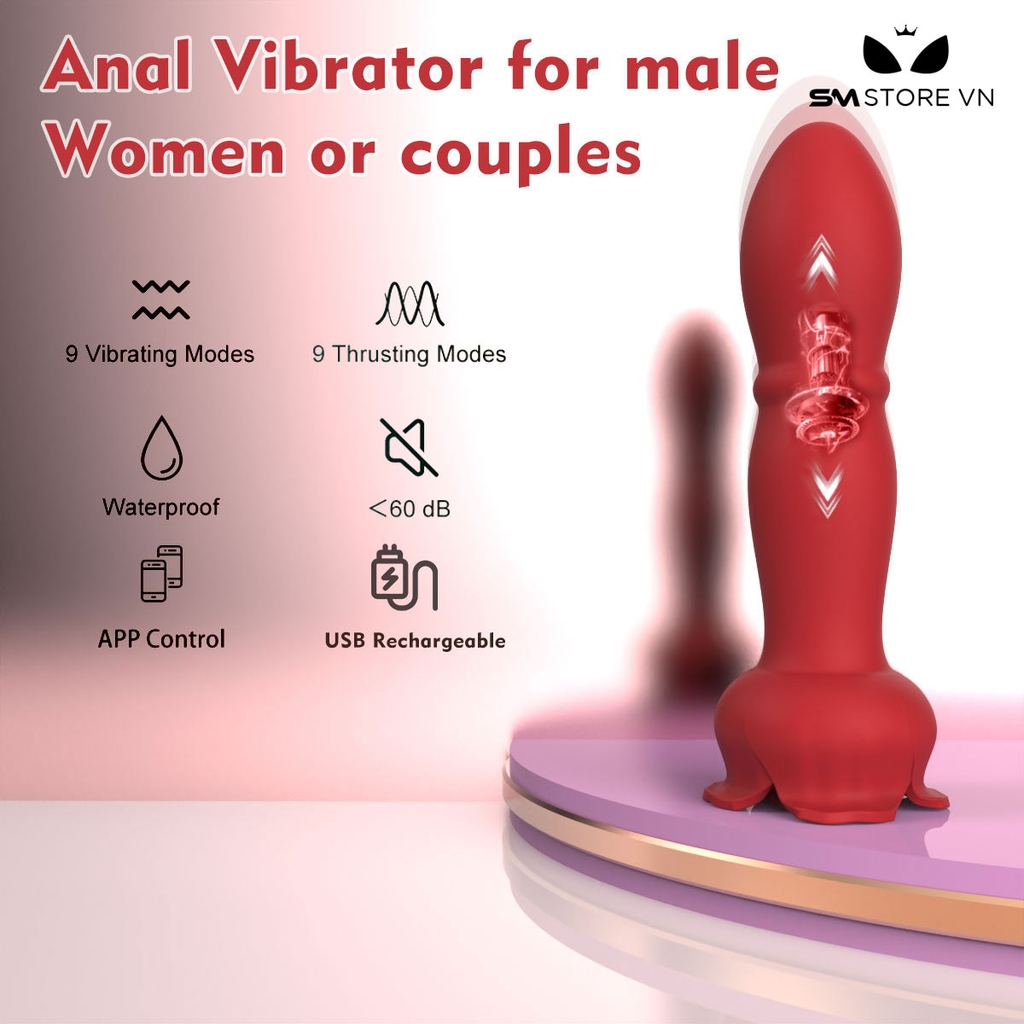 SMT1025 - Anal plug silicon hình hoa hồng với 9 chế độ rung thụt