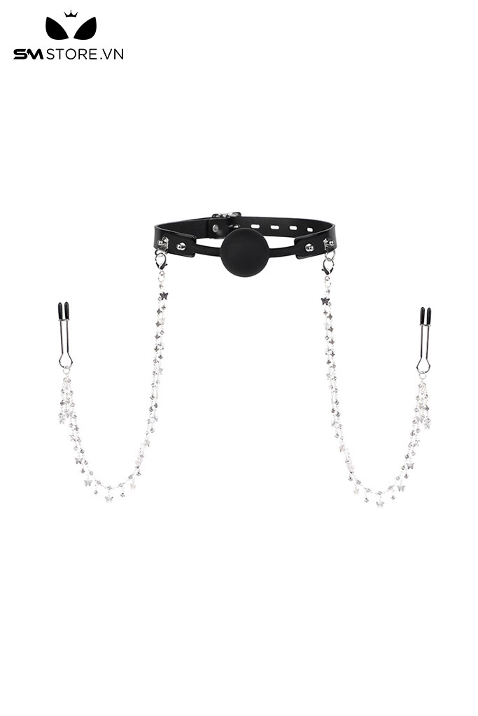 SMT1586 - Ball gag làm bằng silicon mix kẹp núm vú dây xích mạ vàng