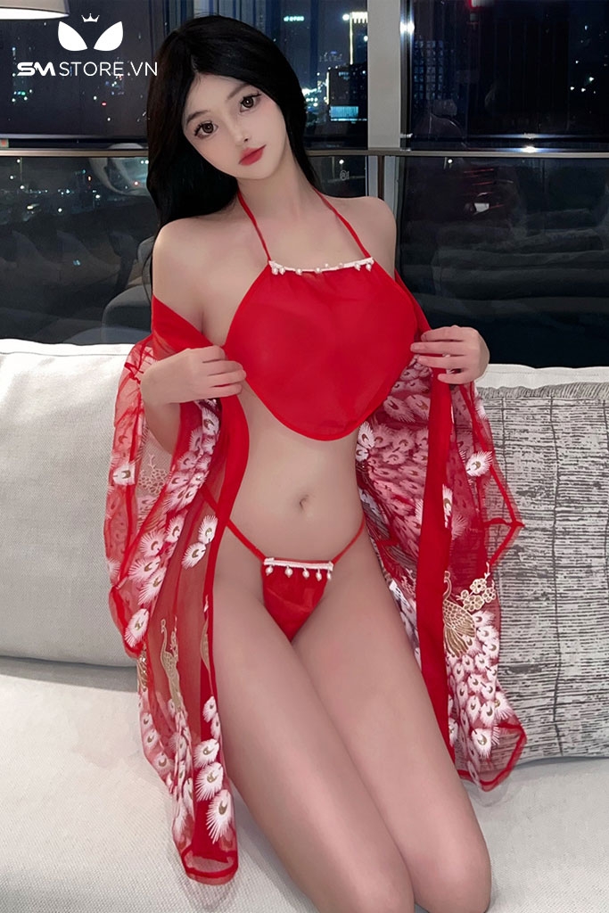 SMS696 - Combo đồ ngủ áo choàng xuyên thấu và yếm mix quần lót sexy