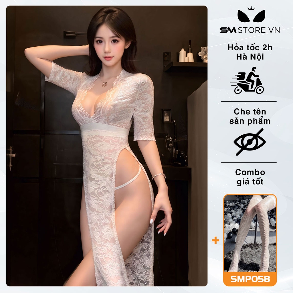 SMS545 - Đầm ngủ cổ chữ V sâu xẻ tà ren hoa xuyên thấu kèm quần lót