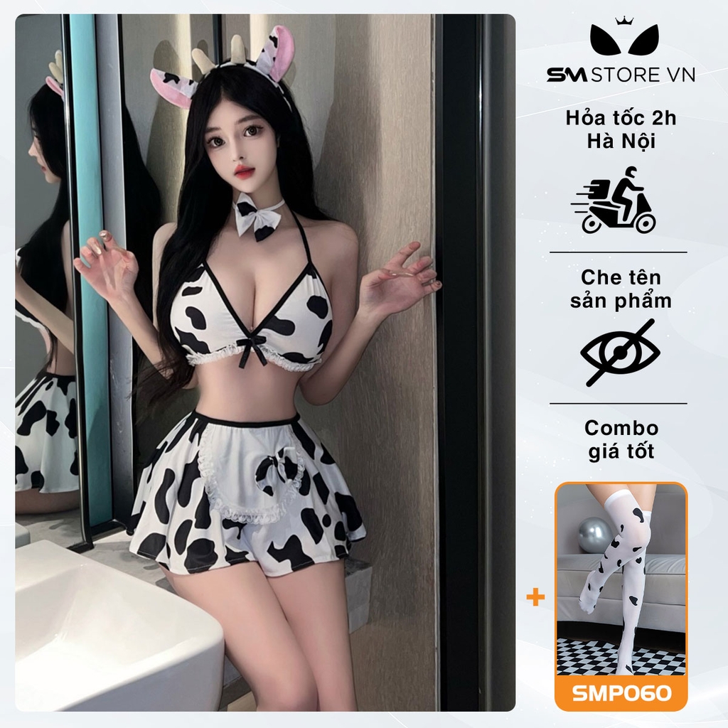 SMS106 - Cosplay bò sữa gồm áo hai dây và chân váy xòe siêu ngắn
