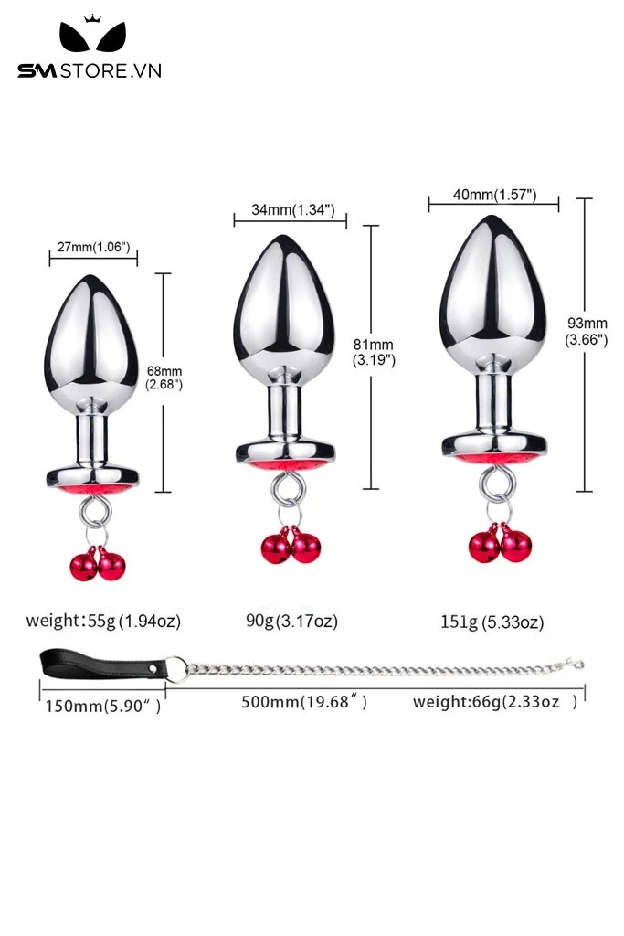 SMT1362 - Phích cắm hậu môn inox có đế hình trái tim mix 2 chuông