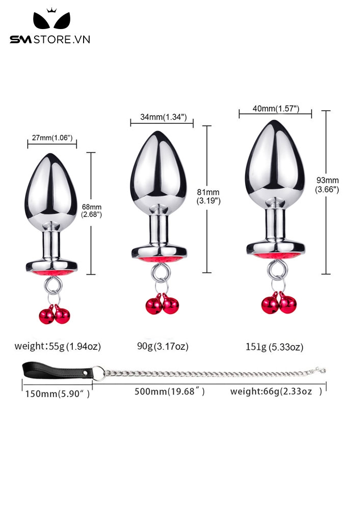SMT1361 - Butt plug hậu môn bằng inox gắn ngọc mix chuông có 3 size