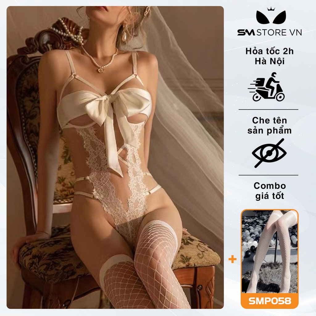 SMS524 - Đồ ngủ liền thân với áo ren 2 dây thắt nơ ngực và quần lọt khe