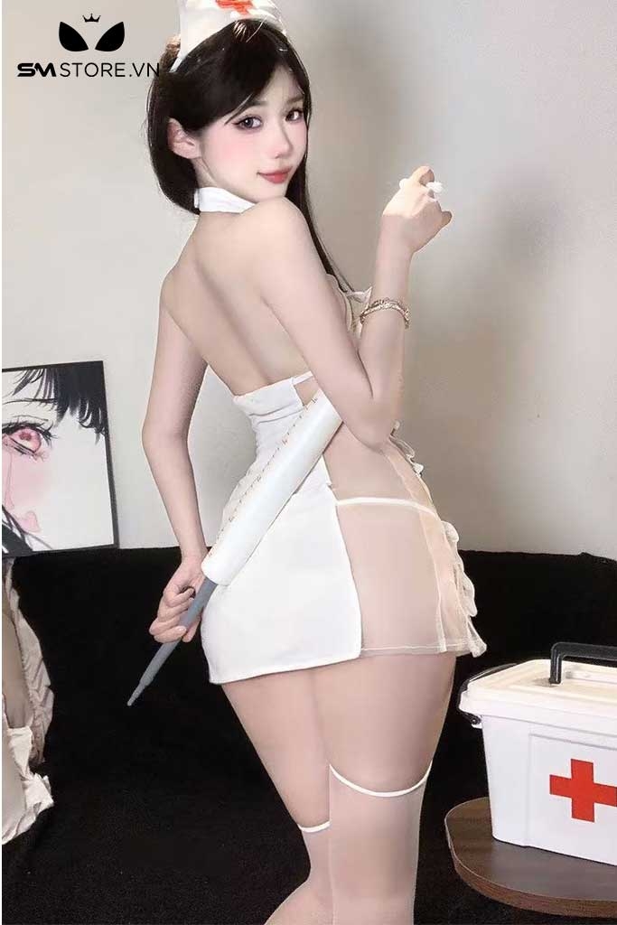 SMS628 - Set đồ ngủ váy y tá xẻ tà gắn nơ quần lót và cài tóc