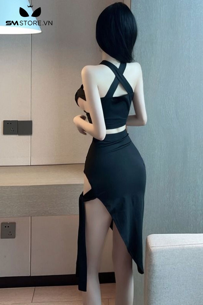 SMS845 - Đầm đi bar xẻ tà với áo ngắn hở eo cổ yếm hở lưng sexy