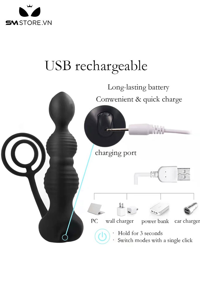 SMT1567 - Máy rung hậu môn có 10 tần số mix vòng đeo dương vật