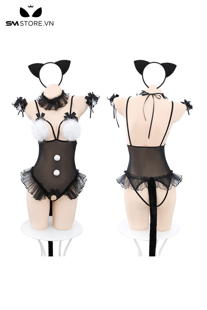 SMS665 - Cosplay mèo hóa trang với áo bodysuit 2 dây có đuôi dài