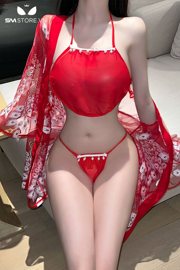 SMS696 - Combo đồ ngủ áo choàng xuyên thấu và yếm mix quần lót sexy