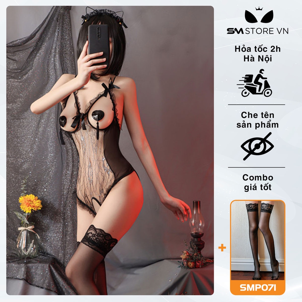 SMS537 - Áo bodysuit hai dây xuyên thấu thiết kế hở ngực và hở đáy