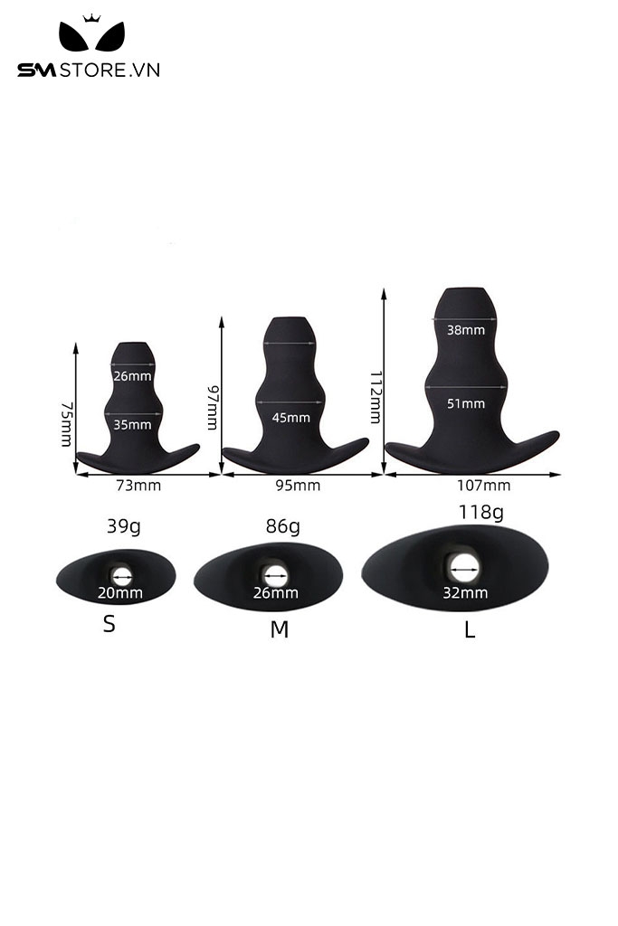 SMT982 - Butt plug silicon có lỗ thiết kế có chuôi với 3 size màu đen