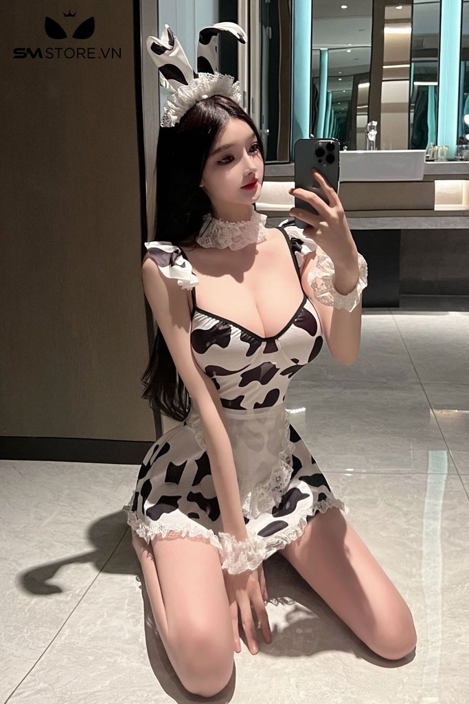 SMS646 - Trang phục váy cosplay bò sữa 2 dây có phụ kiện đi kèm
