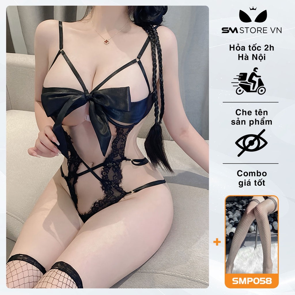 SMS524 - Đồ ngủ liền thân với áo ren 2 dây thắt nơ ngực và quần lọt khe