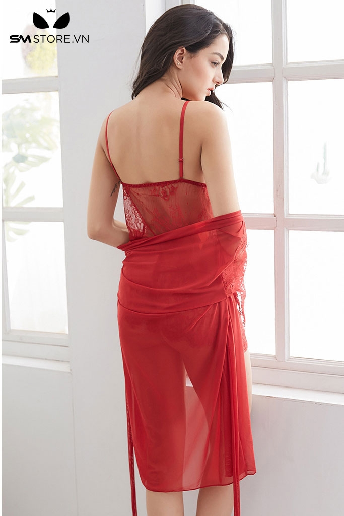 SMS754 - Set đồ ngủ xuyên thấu váy 2 dây quần lọt khe và áo choàng
