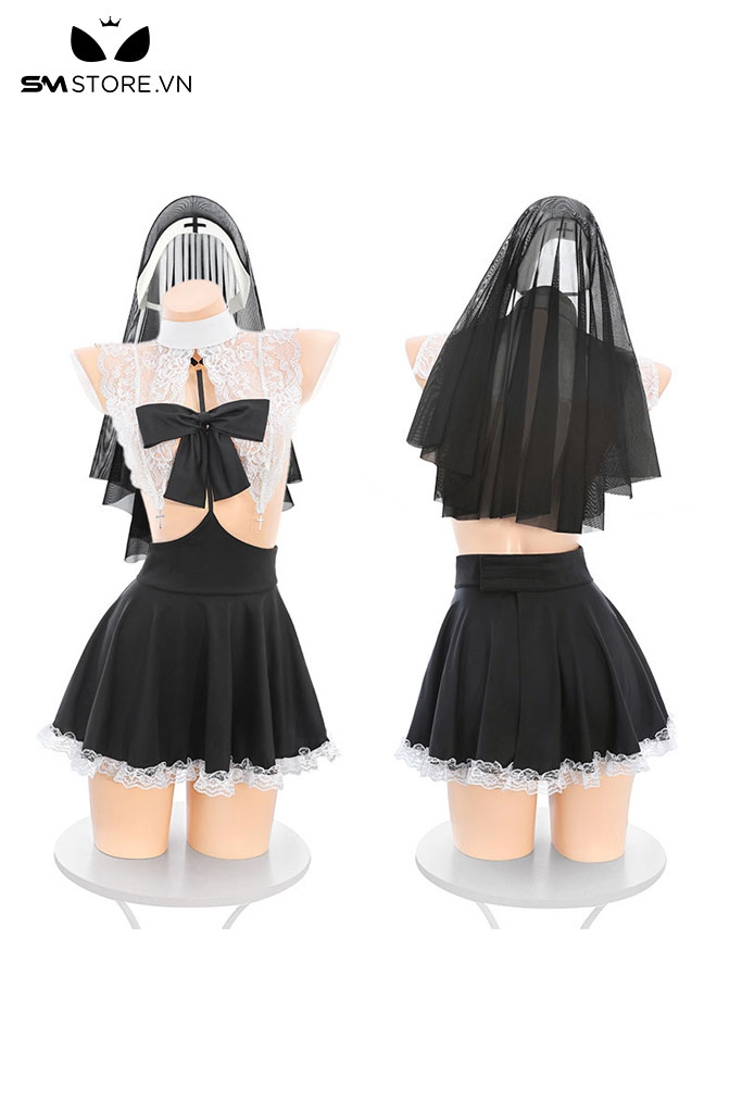 SMS730 - Đồ ngủ cosplay sơ ren hoa xuyên thấu đính nơ và phụ kiện
