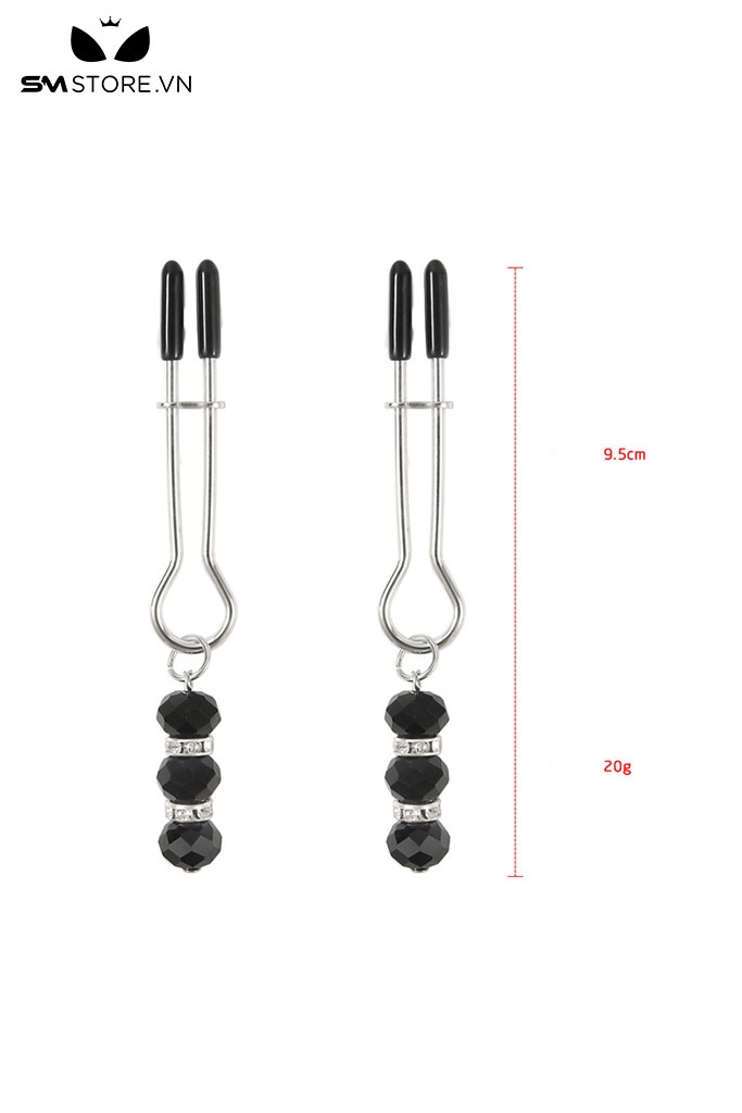 SMT340 - Kẹp âm vật núm vú kim loại gắn 3 hạt ngọc đen dài 9.5cm