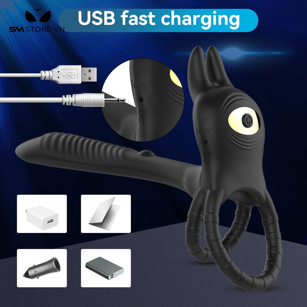 SMT1130 - Vòng rung tai thỏ silicon đeo dương vật mix dildo có 10 chế độ