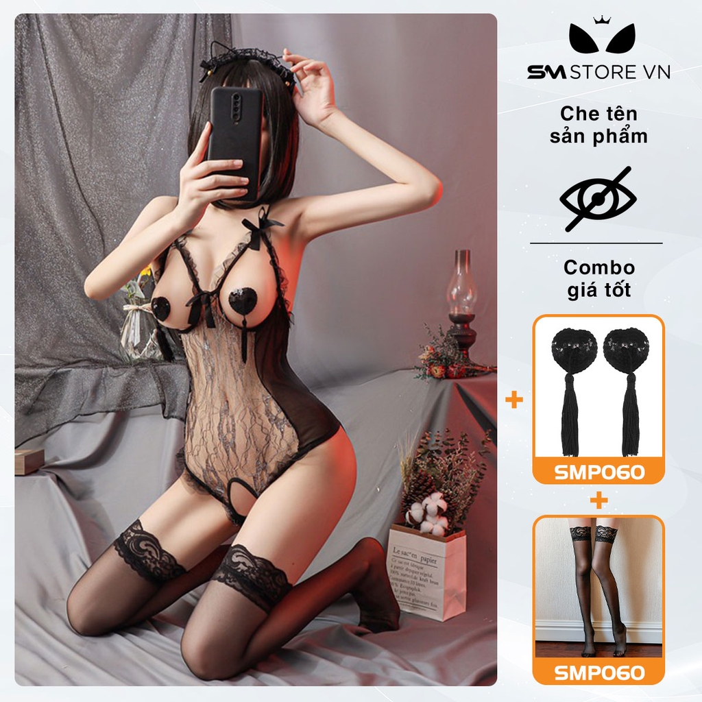 SMS537 - Áo bodysuit hai dây xuyên thấu thiết kế hở ngực và hở đáy
