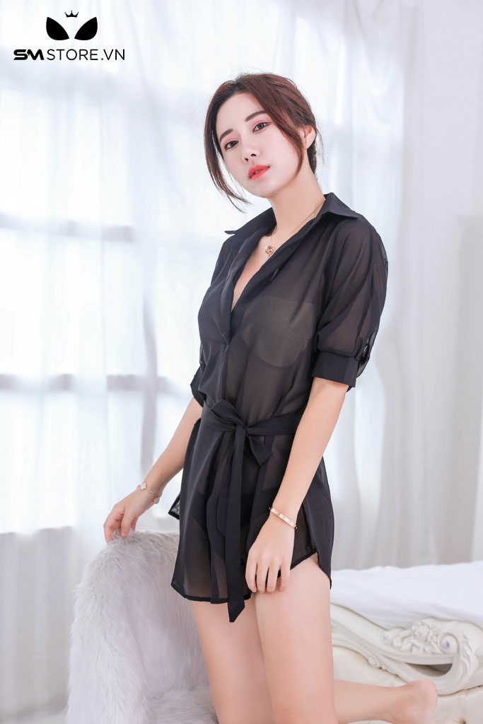 SMS762 - Áo sơ mi ngủ trong suốt có cổ chữ V và dây buộc quyễn rũ
