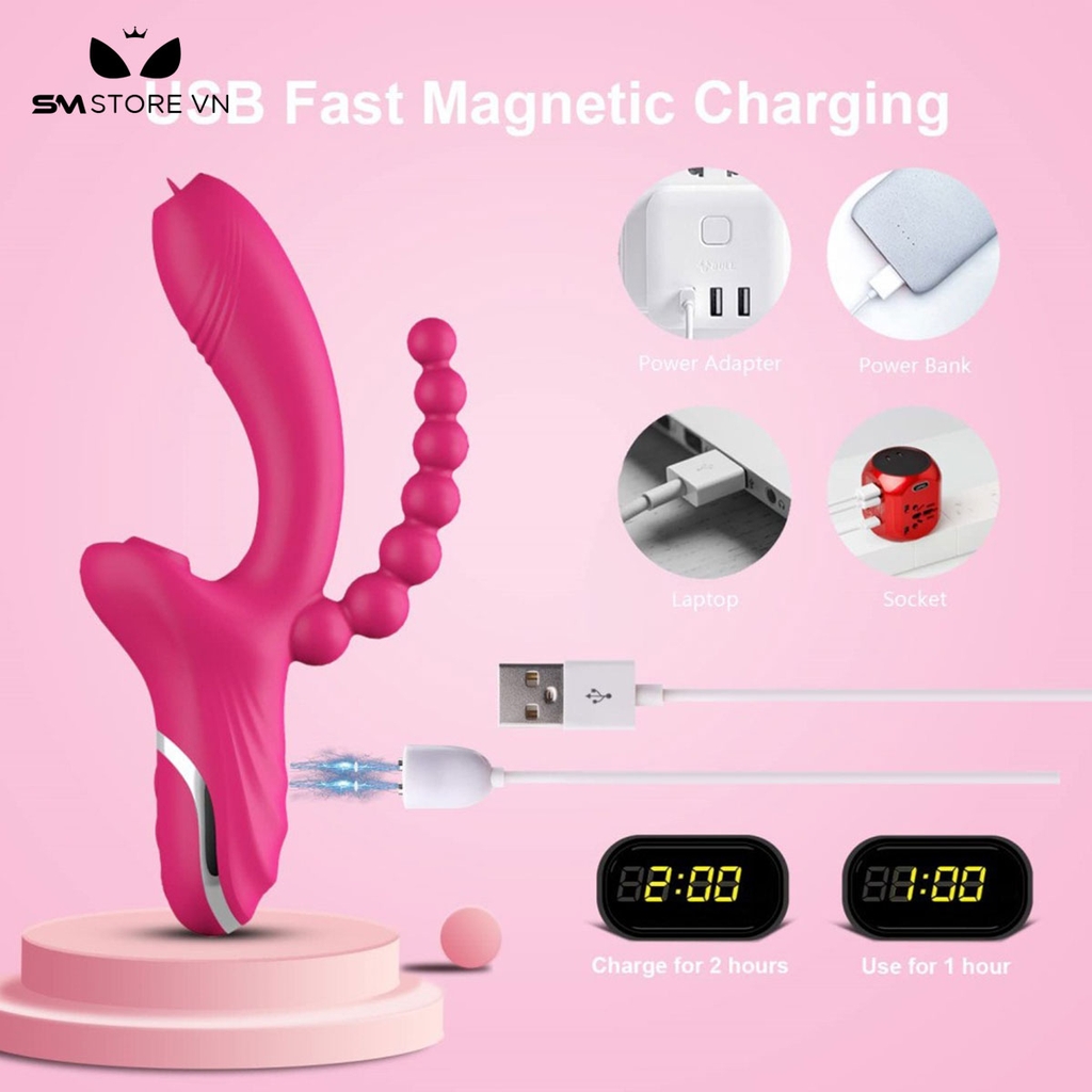 SMT1264 - Dương vật giả silicon rung hút có lưỡi liếm dài 230mm