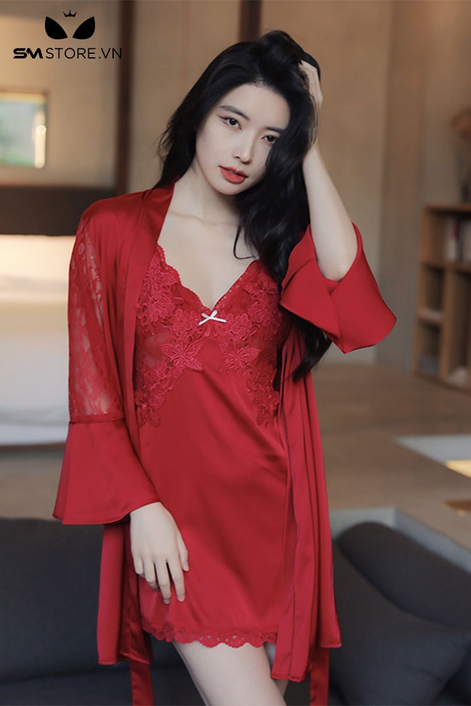 SMS511 - Áo choàng ngủ lụa cao cấp phối ren sexy gợi cảm