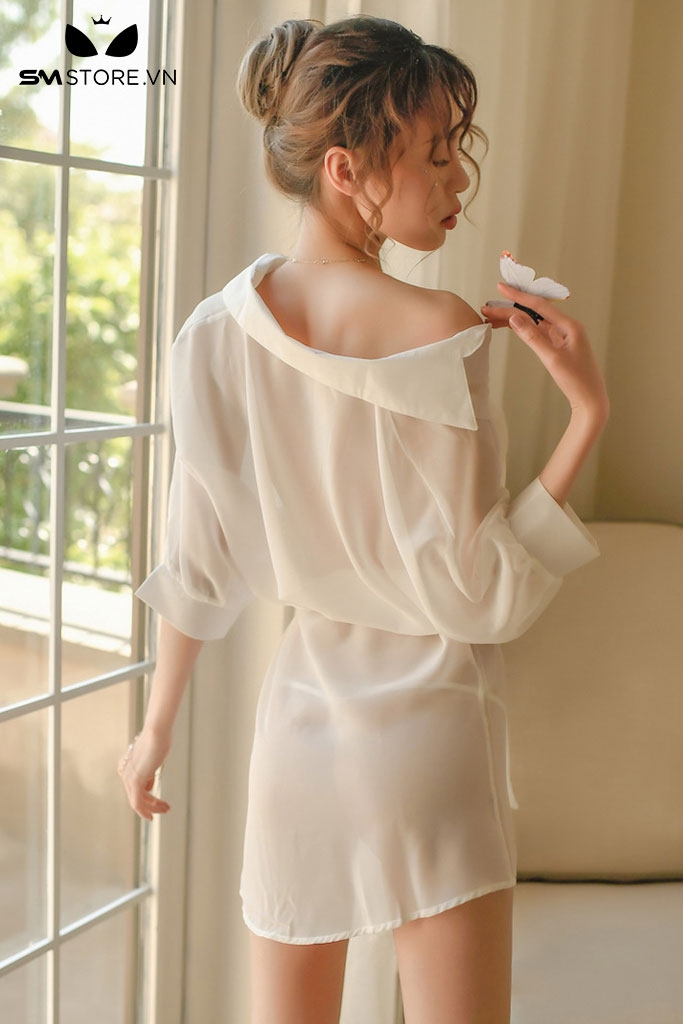 SMS762 - Áo sơ mi ngủ trong suốt có cổ chữ V và dây buộc quyễn rũ