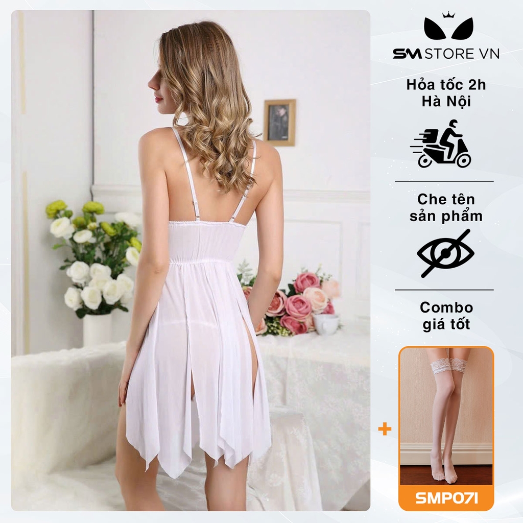 SMS491 - Váy ngủ xẻ tà thiết kế 2 dây vải ren xuyên thấu cực sexy
